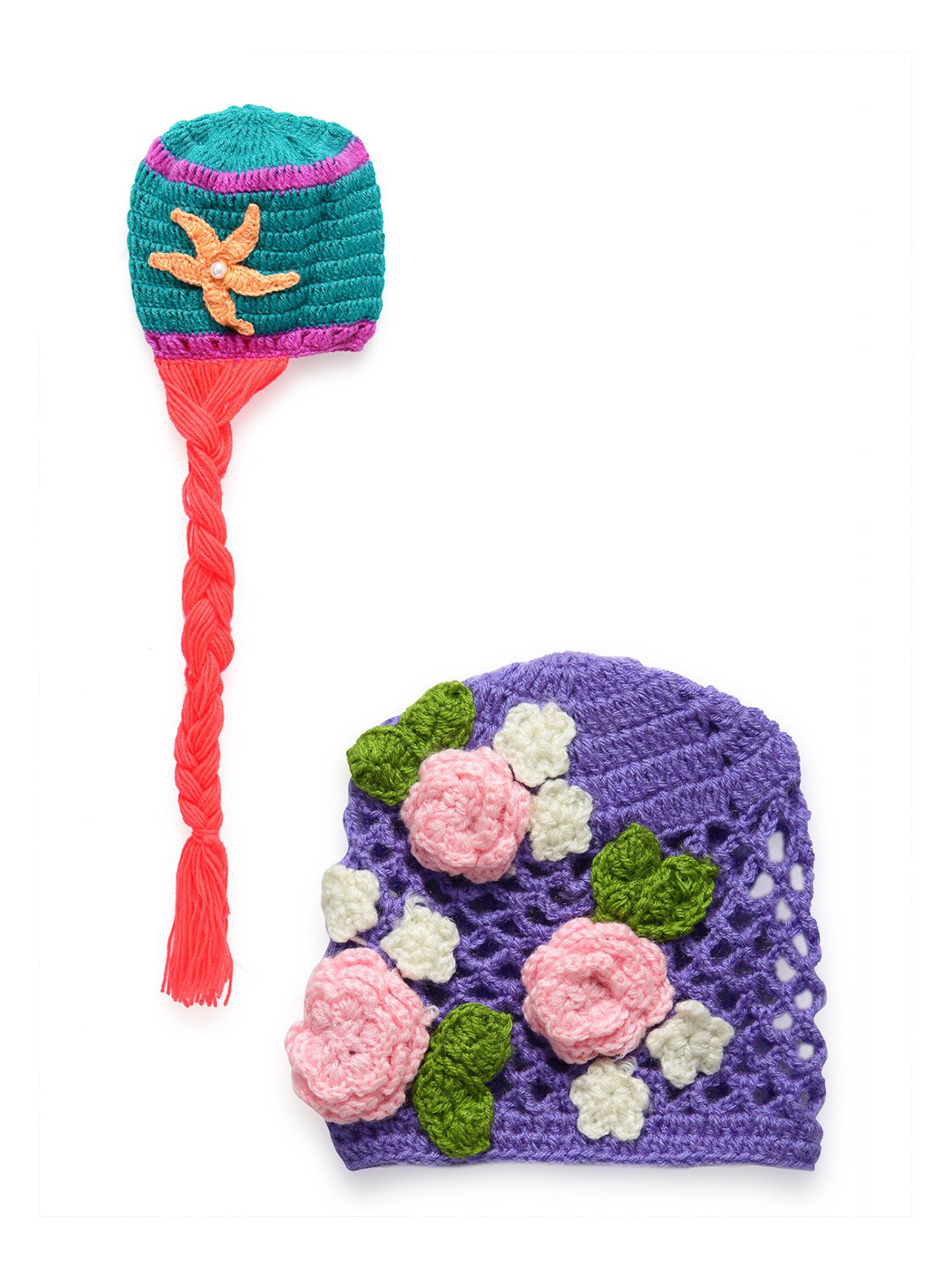 CHUTPUT Unisex Kids Blue & Pink Hand Knitted Crochet Cap