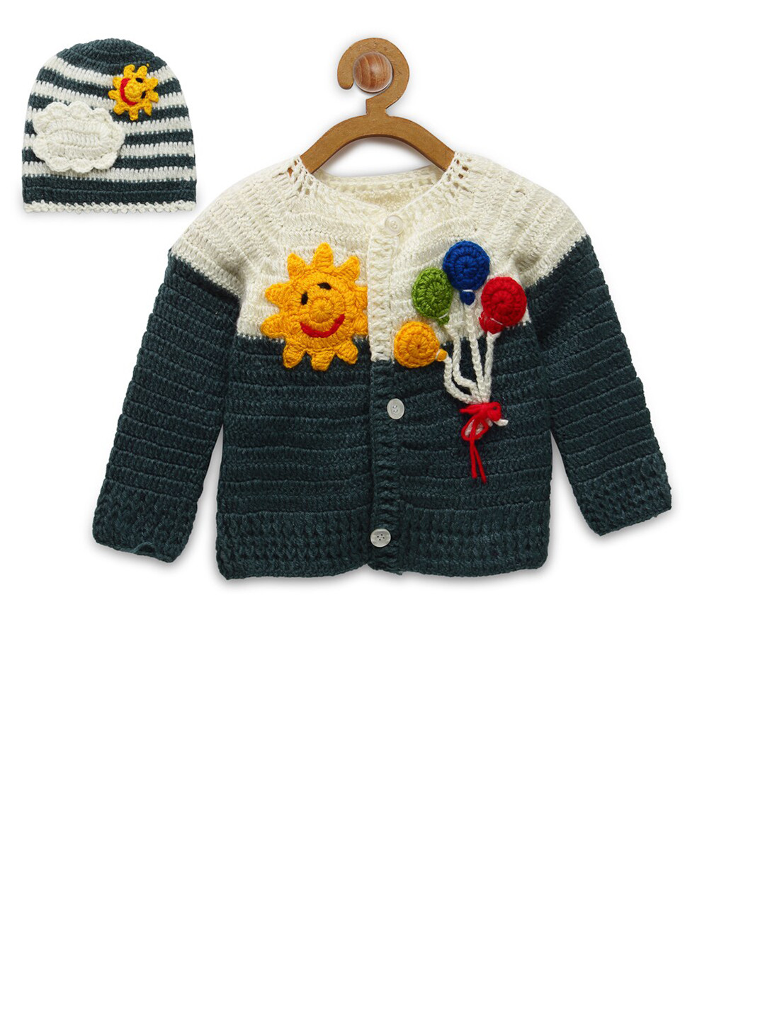 CHUTPUT Unisex Kids Cream-Coloured & Yellow Embroidered Cardigan & Binnie