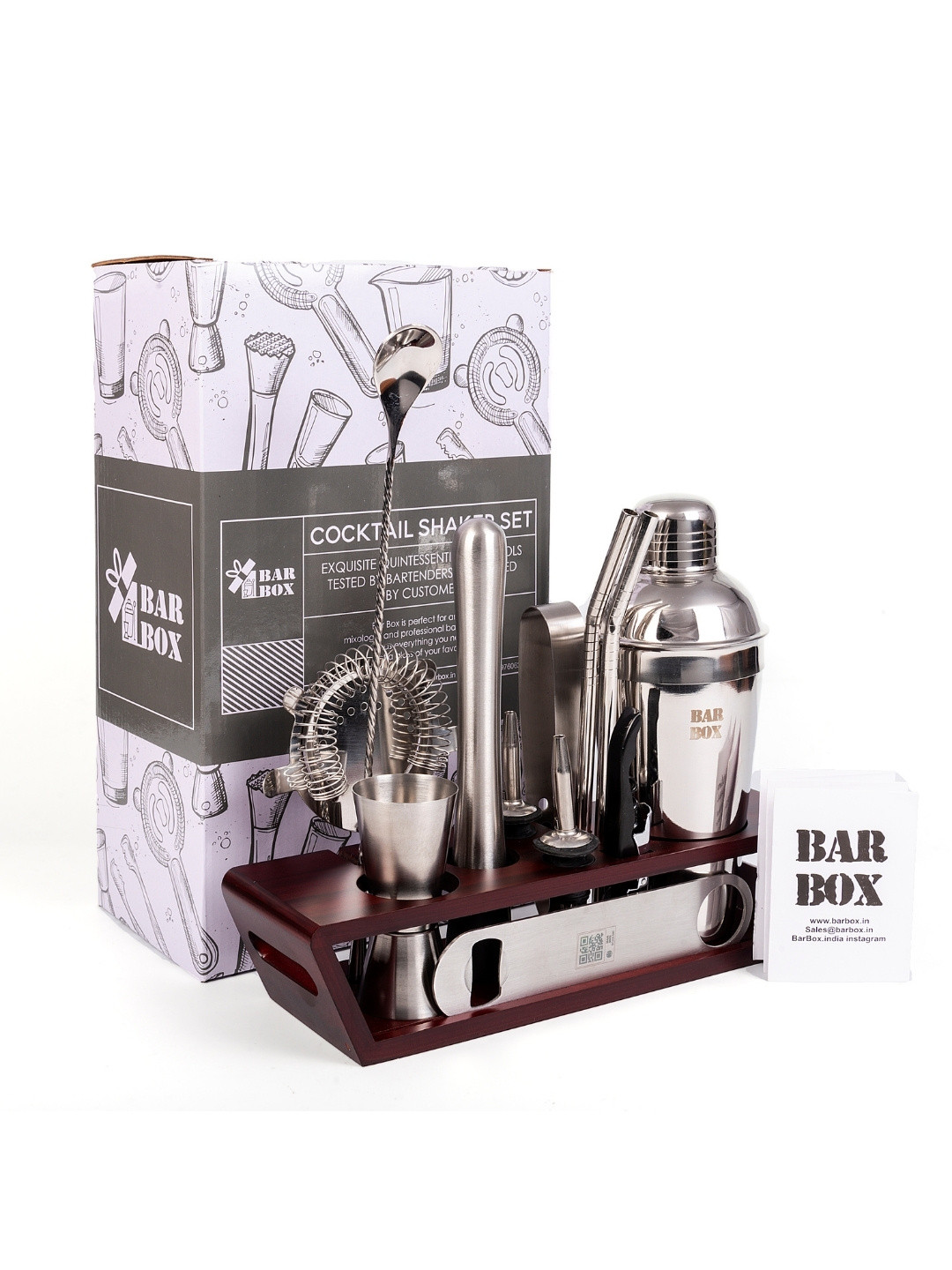 BAR BOX Silver-Toned & Brown Solid Stainless Steel Bar Tool Set With Wooden Stand
