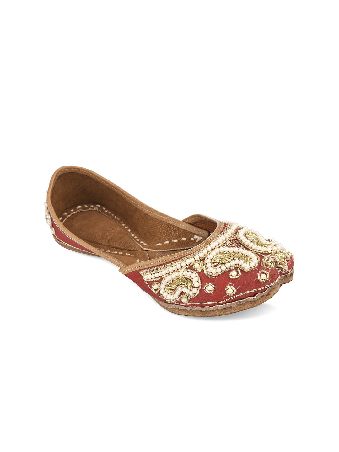 DESI COLOUR Women Red Colourblocked Leather Ethnic Mojaris Flats