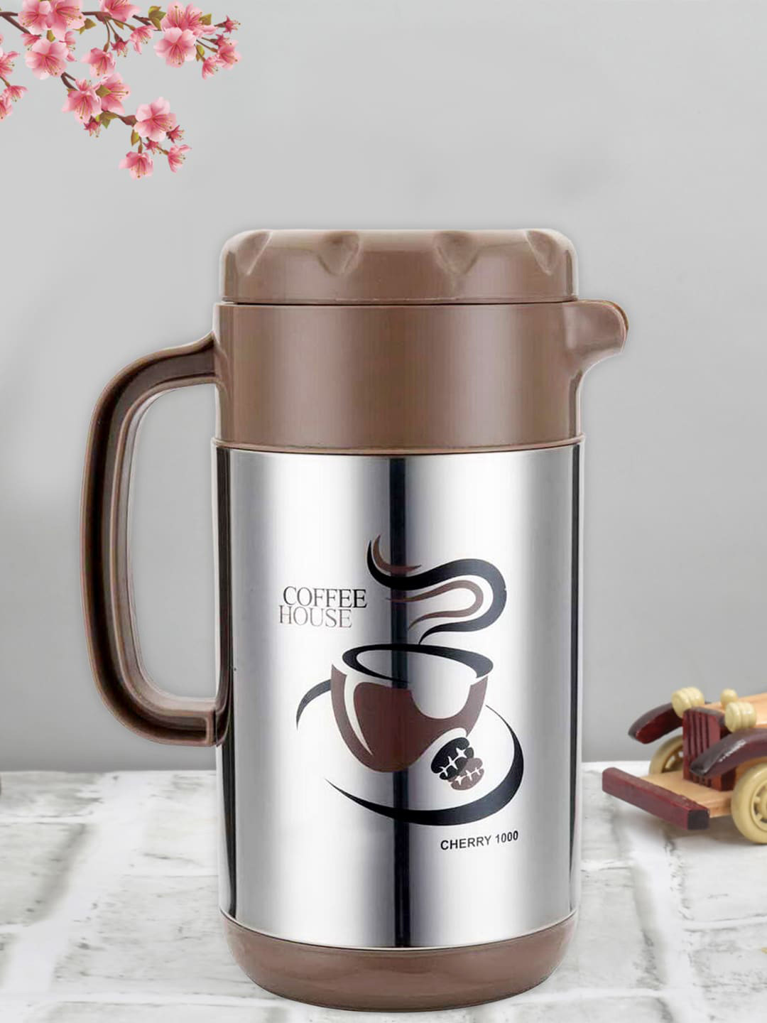 Kuber Industries Brown Typography Stainless Steel Double Wall Vacuum Flask - 1L