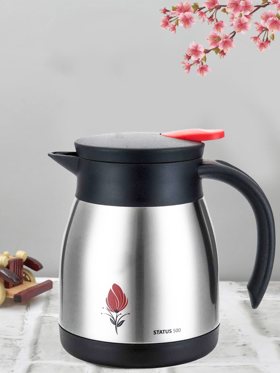 Kuber Industries Black Floral Stainless Steel BPA Free 2 Piece Flask - 500ml
