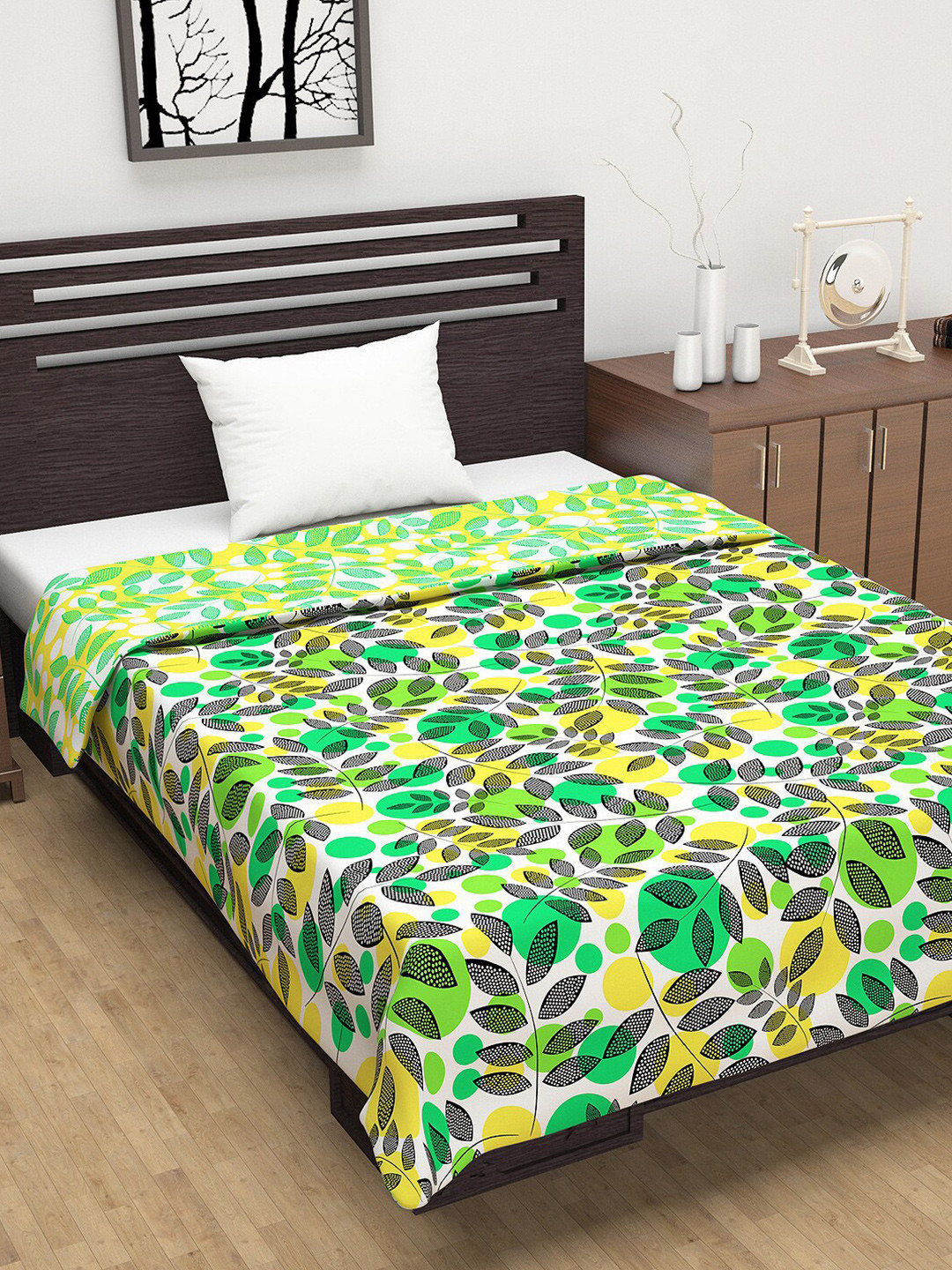 Divine Casa Green & Yellow Floral Printed AC Room 120 GSM Single Bed Dohar