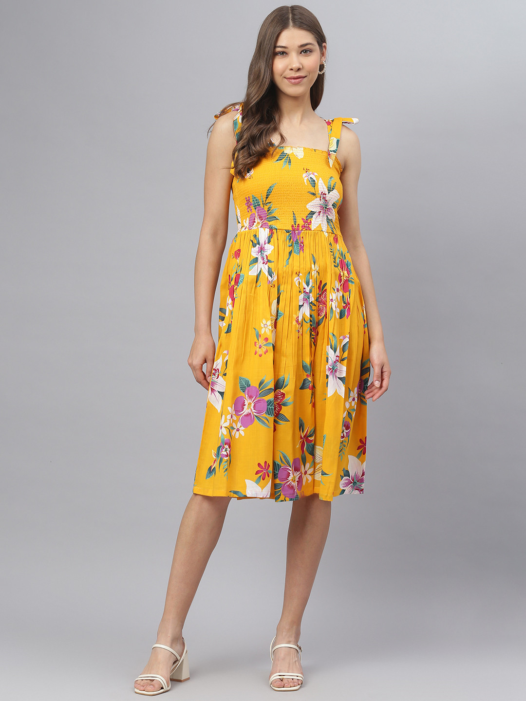 DEEBACO Yellow Floral Smocking Dress