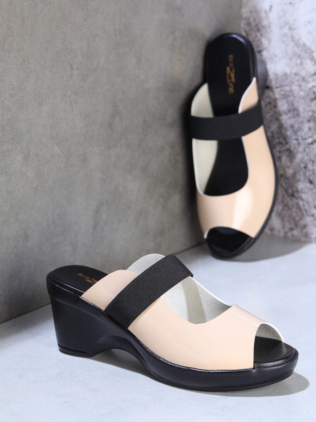 Shezone Black And Cream-Coloured Wedge Heeled Peep Toes