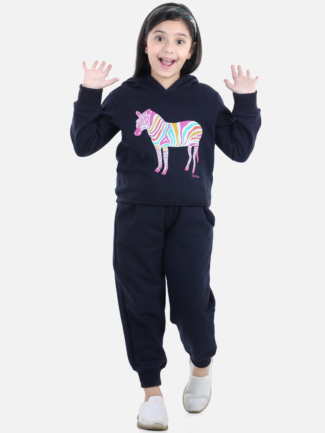 StyleStone Girls Navy Blue & White Zebra Printed Cotton Tracksuit