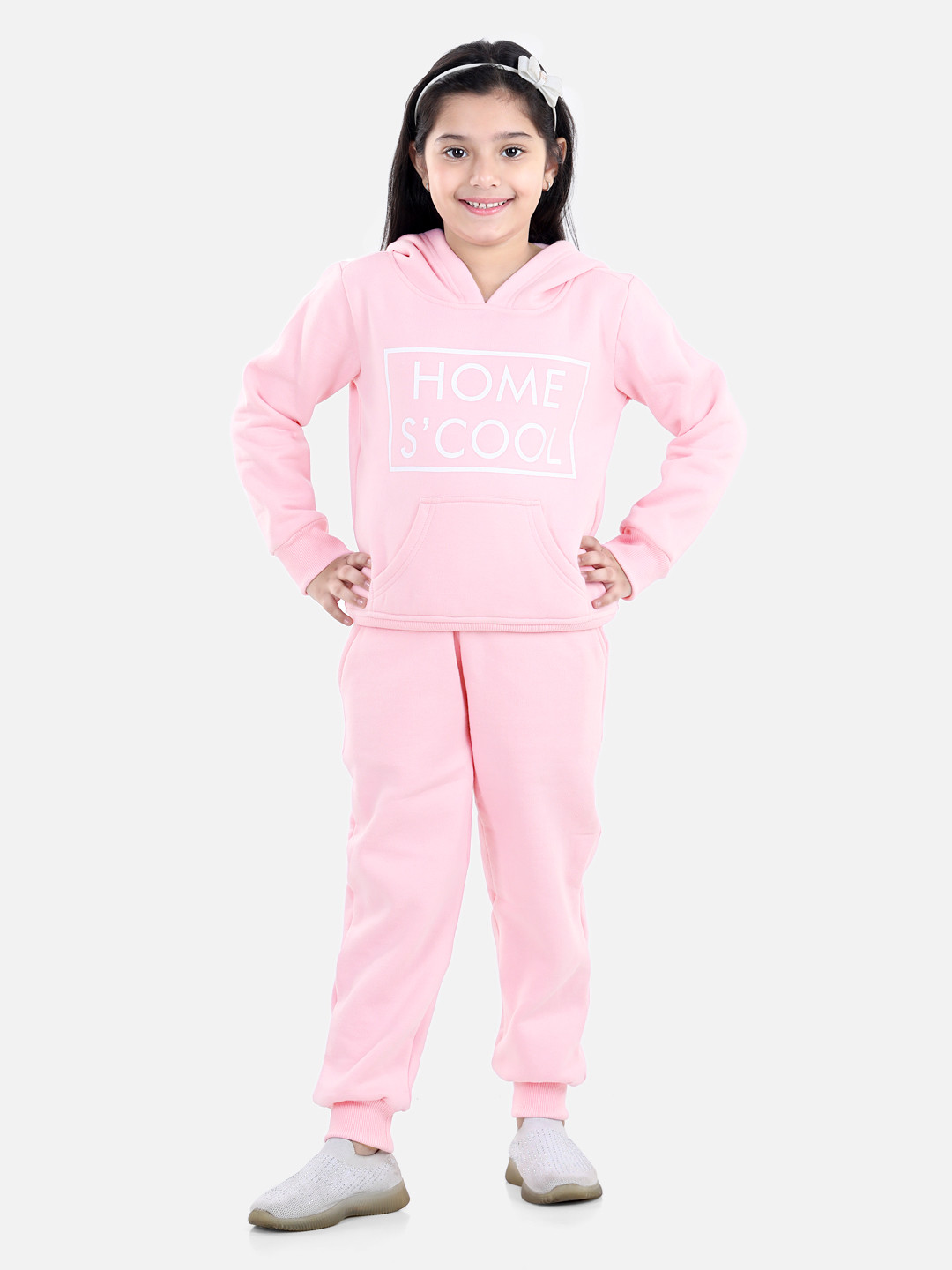 StyleStone Girls Pink Graphic Printed Hooded Cotton Tracksuit