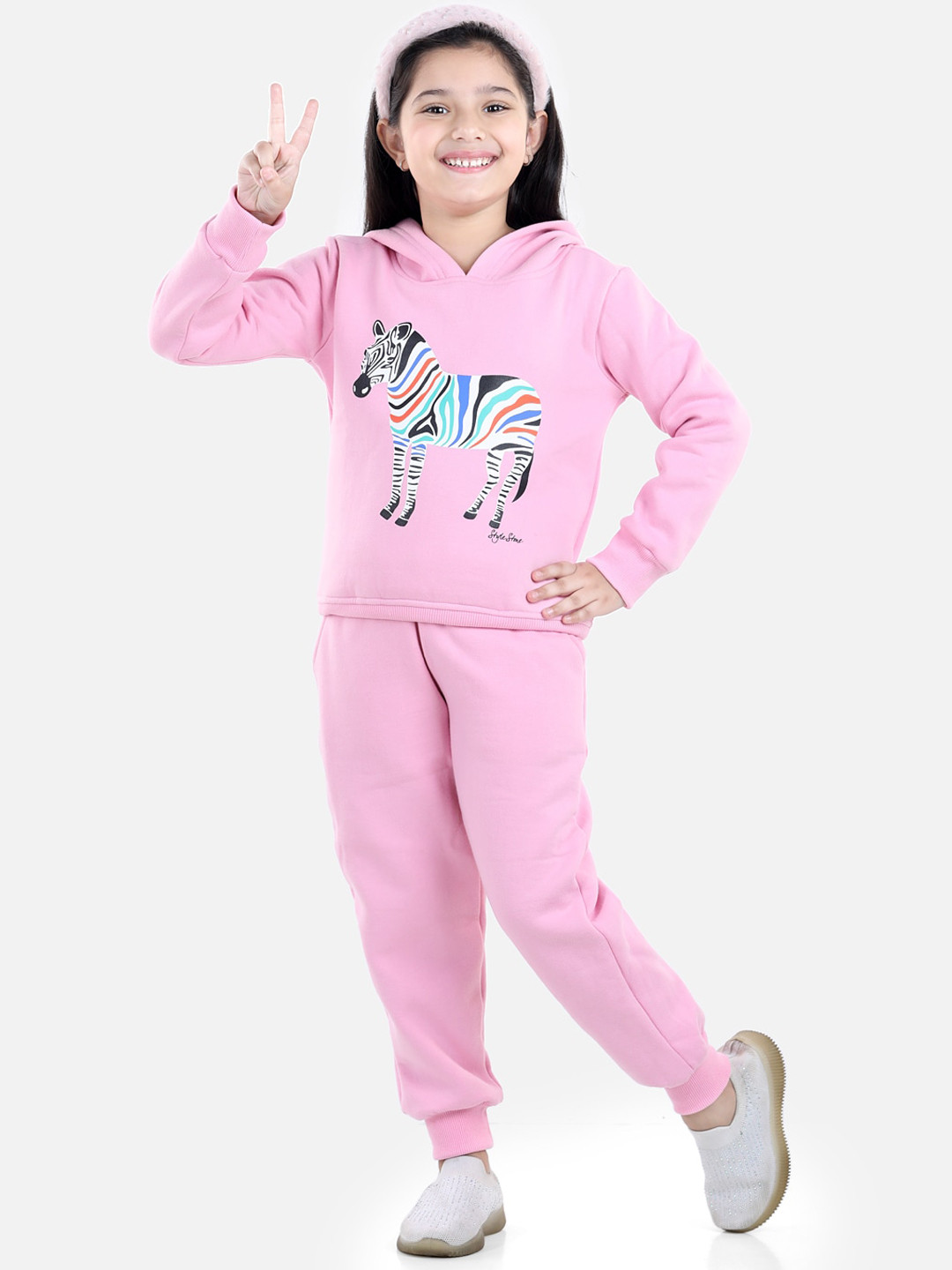 StyleStone Girls Pink & Black Animal Printed Cotton Regular-Fit Hooded Track Suit