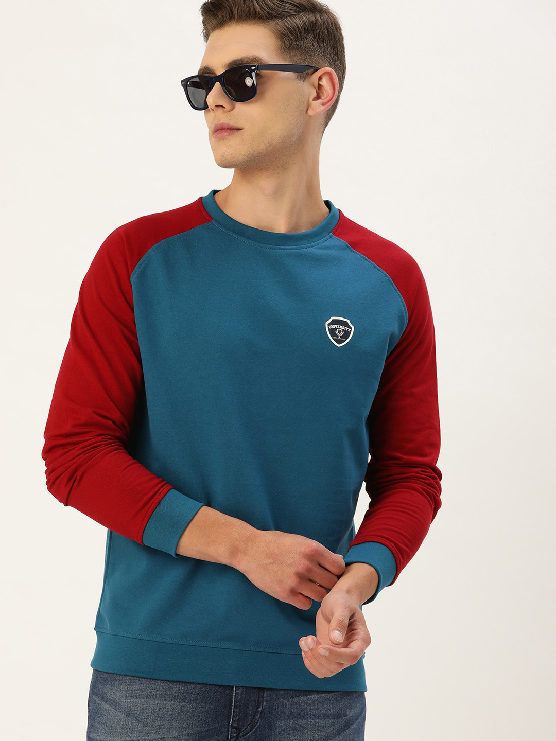 Peter England Casuals Men Teal Blue & Red Raglan Sleeves Sweatshirt