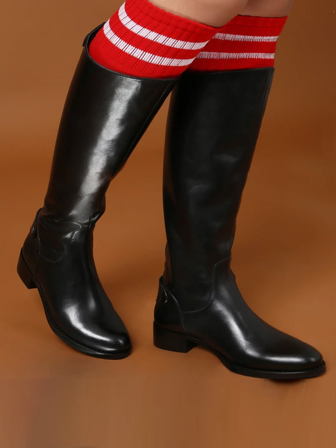 Saint G Black Leather Mid-Top Regular Block Heels Boots