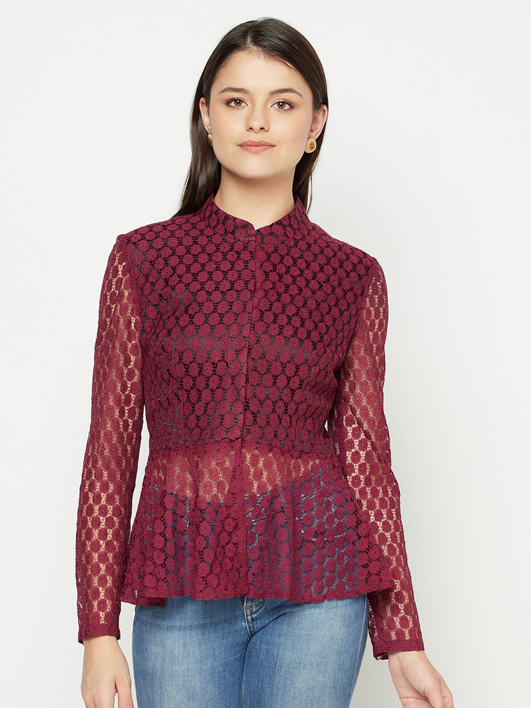 Owncraft Maroon Mandarin Collar Lace Peplum Top