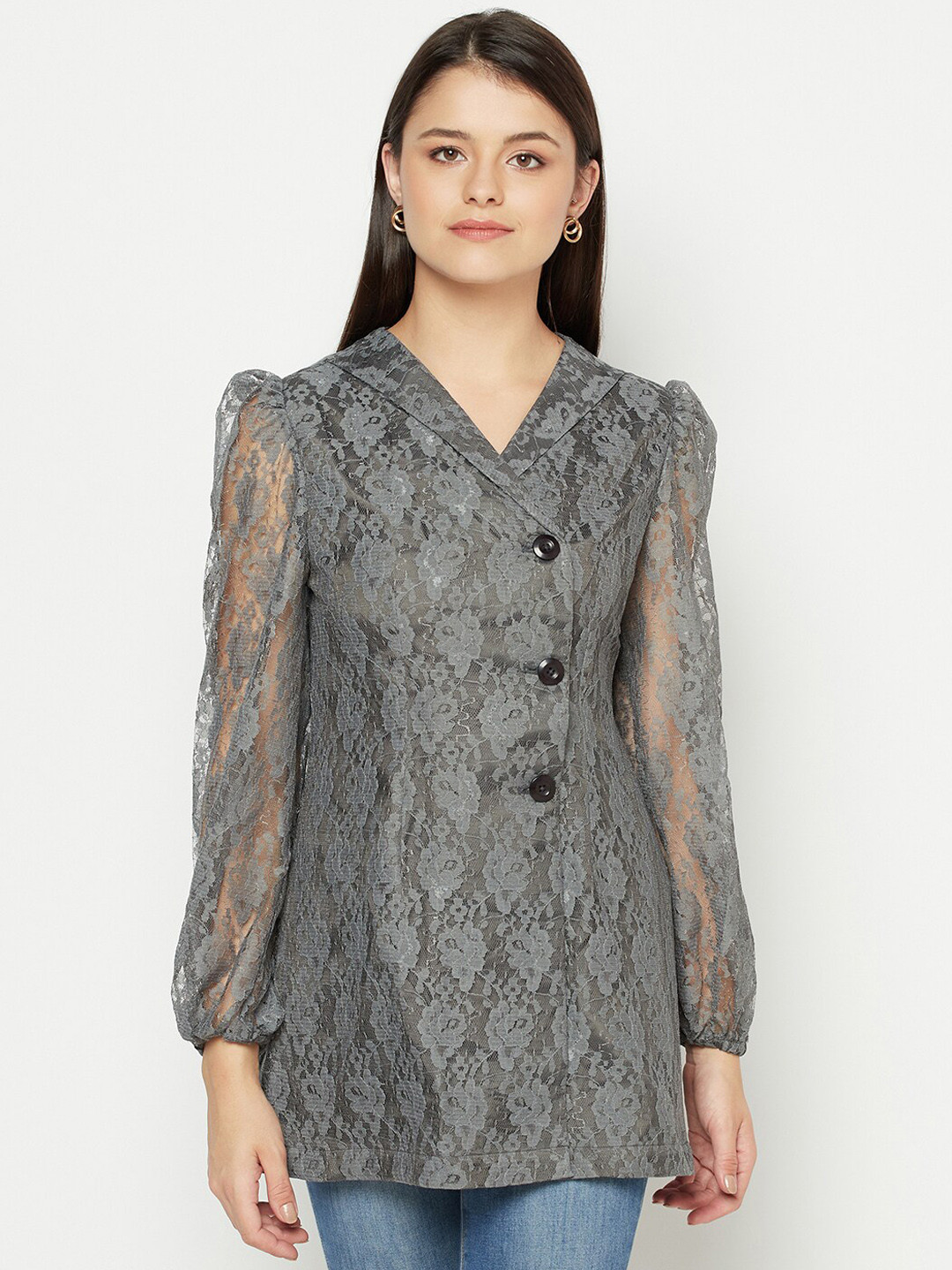 Owncraft Women Grey Self Design Lace Overcoat