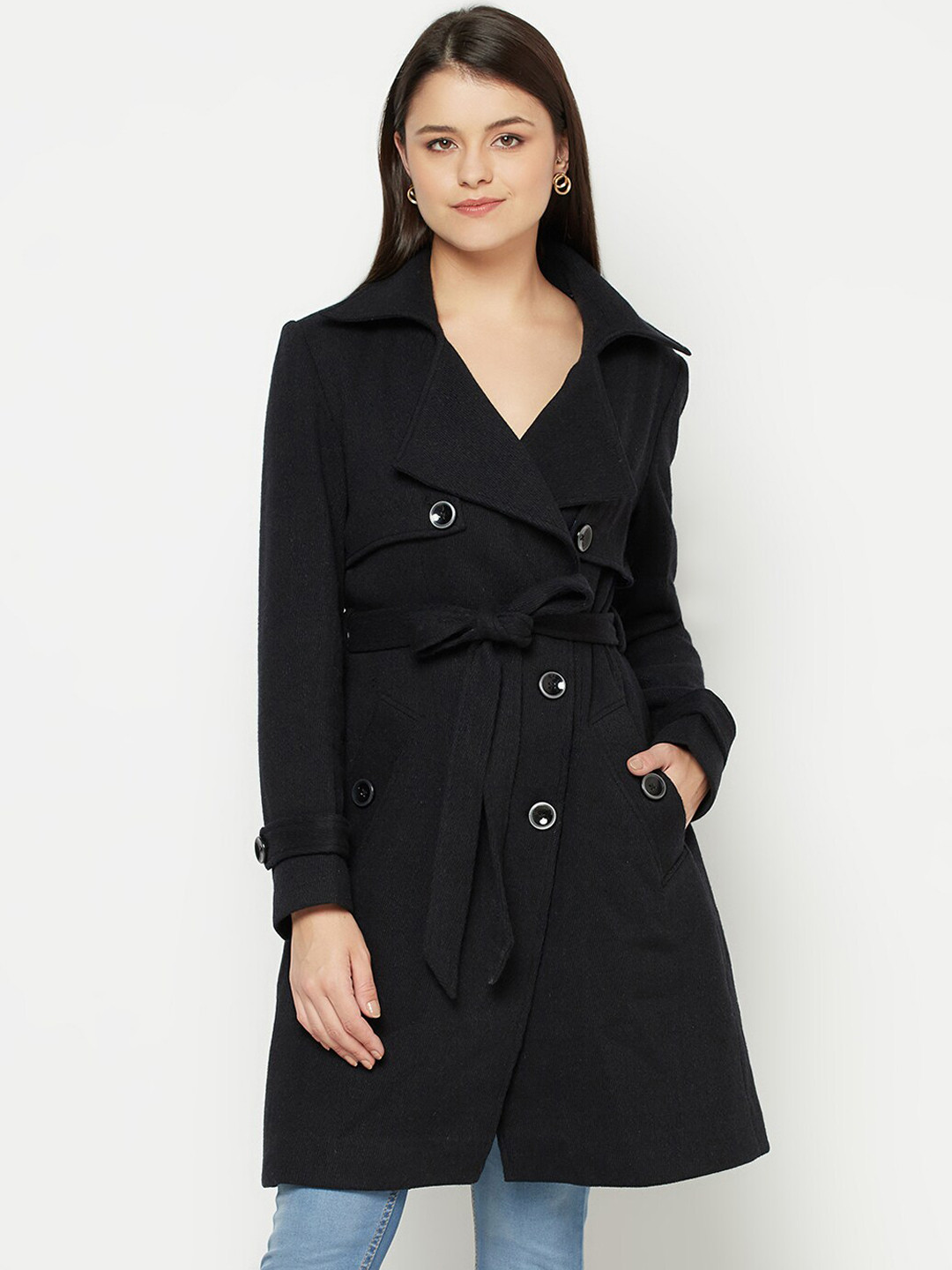 Owncraft Women Black Solid Single-Breasted Overcoat