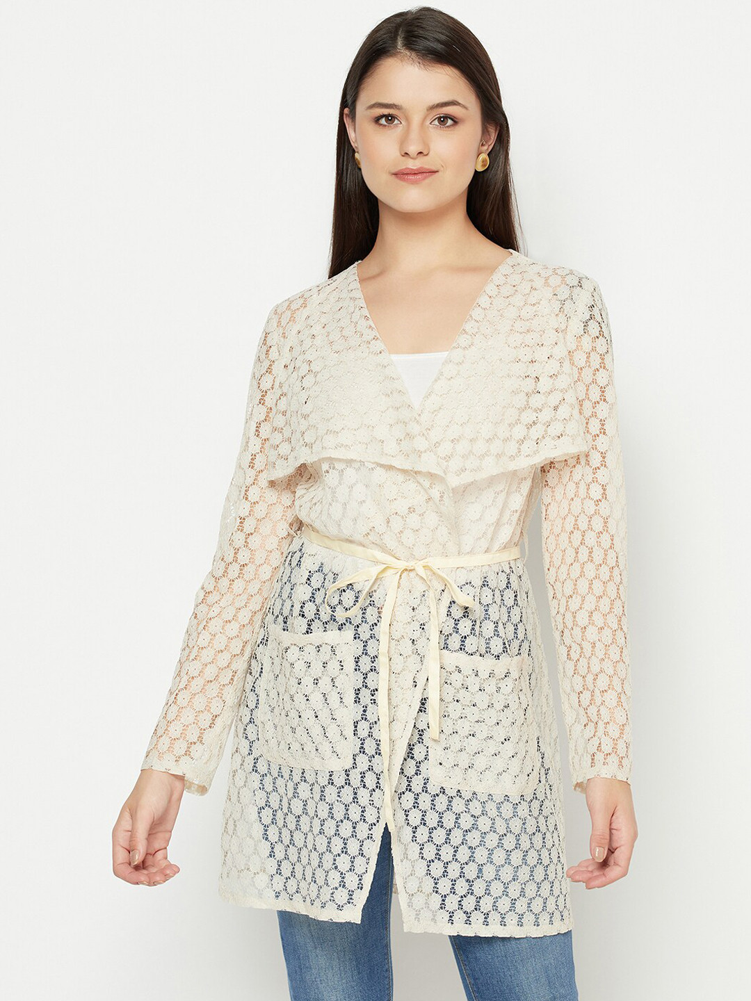 Owncraft Women Cream-Coloured Self-Design Sheer Overcoat