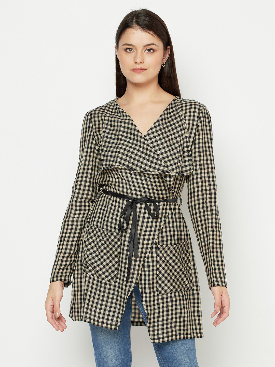 Owncraft Women Black & Beige Checked Single-Breasted Wool Overcoat
