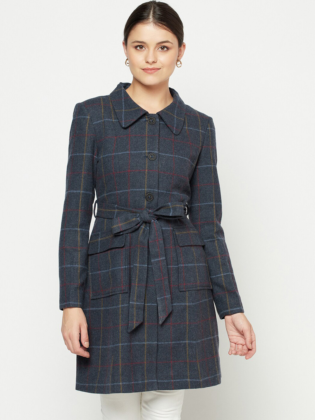 Owncraft Women Grey Checked Single-Breasted Trench Coat