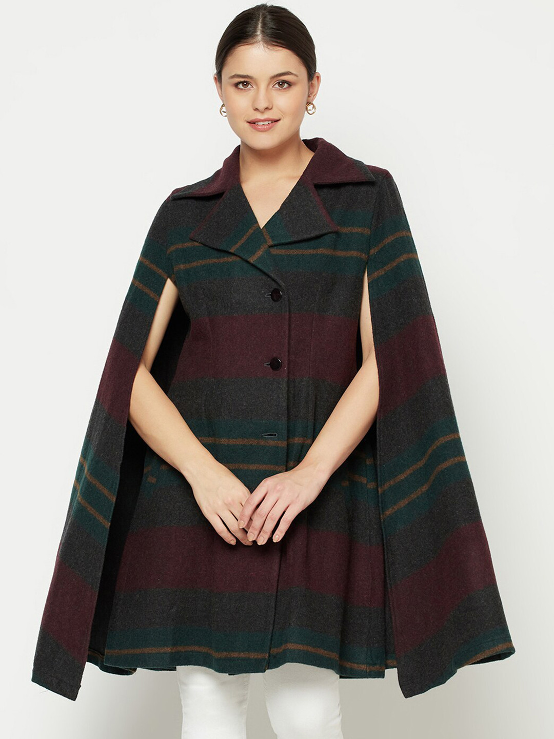 Owncraft Women Green & Grey Checked Cape Coat
