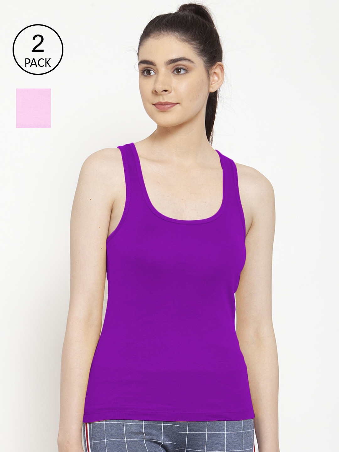 Friskers Women Pack of 2 Pink & Purple Solid Cotton Rib Tank Top