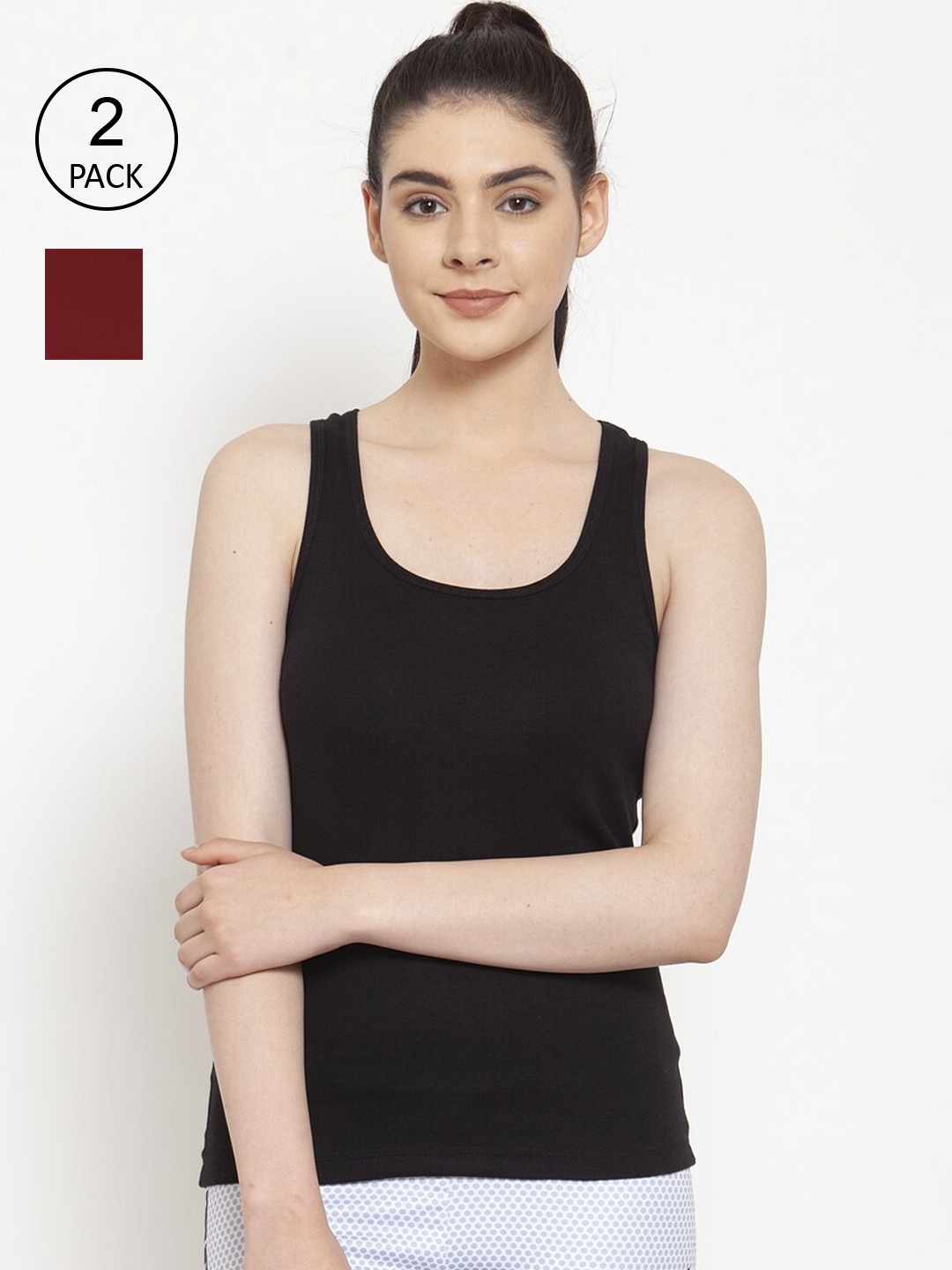 Friskers Women Pack of 2 Black & Maroon Cotton Ribbed Tank Top