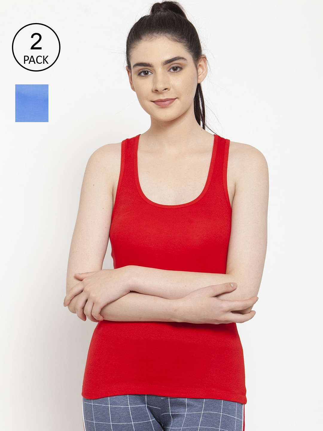 Friskers Women Pack Of 2 Red & Turquoise Blue Solid Premium Cotton Tank Tops