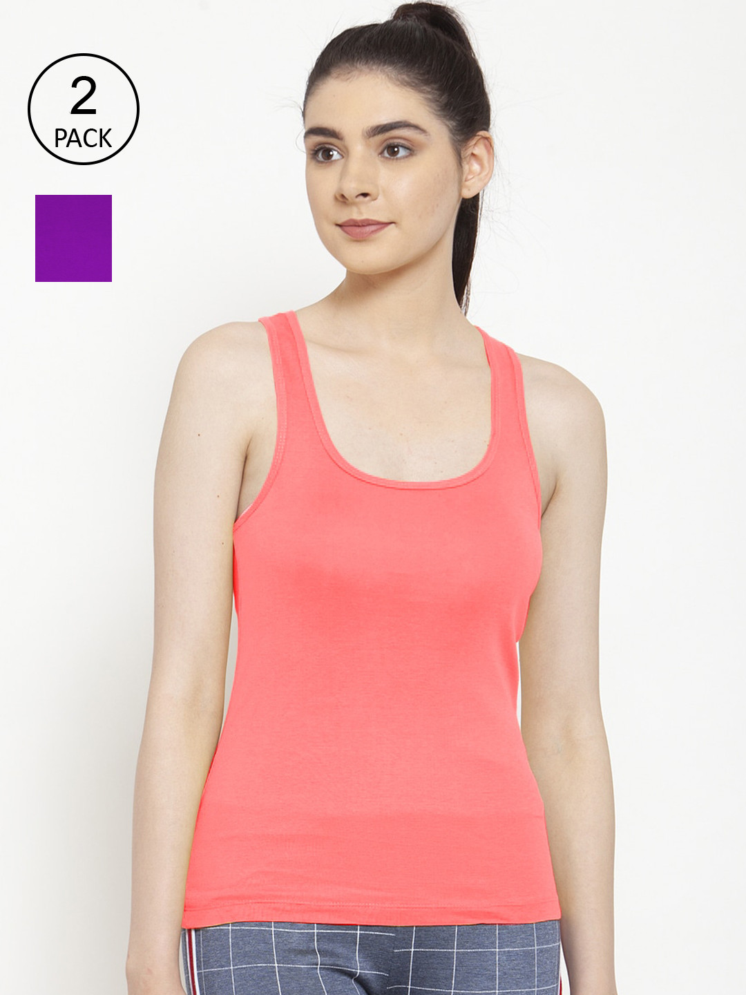 Friskers Women Pack of 2 Orange & Purple Cotton Rib Tank top