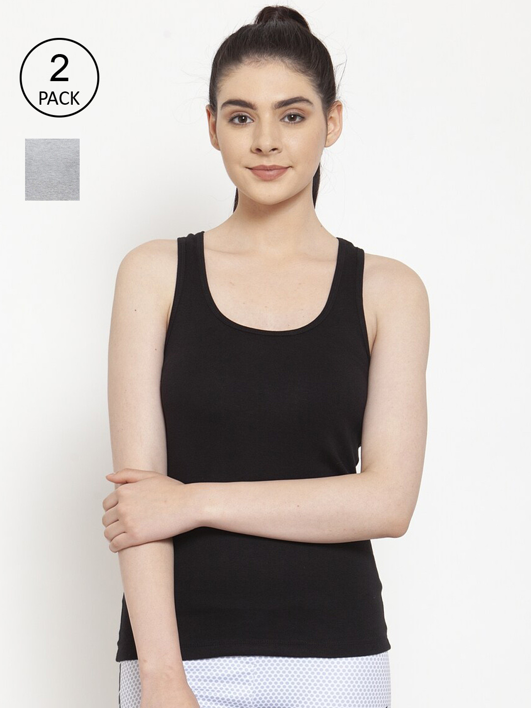 Friskers Women Pack of 2 Black & Grey Solid Cotton Rib Tank Top