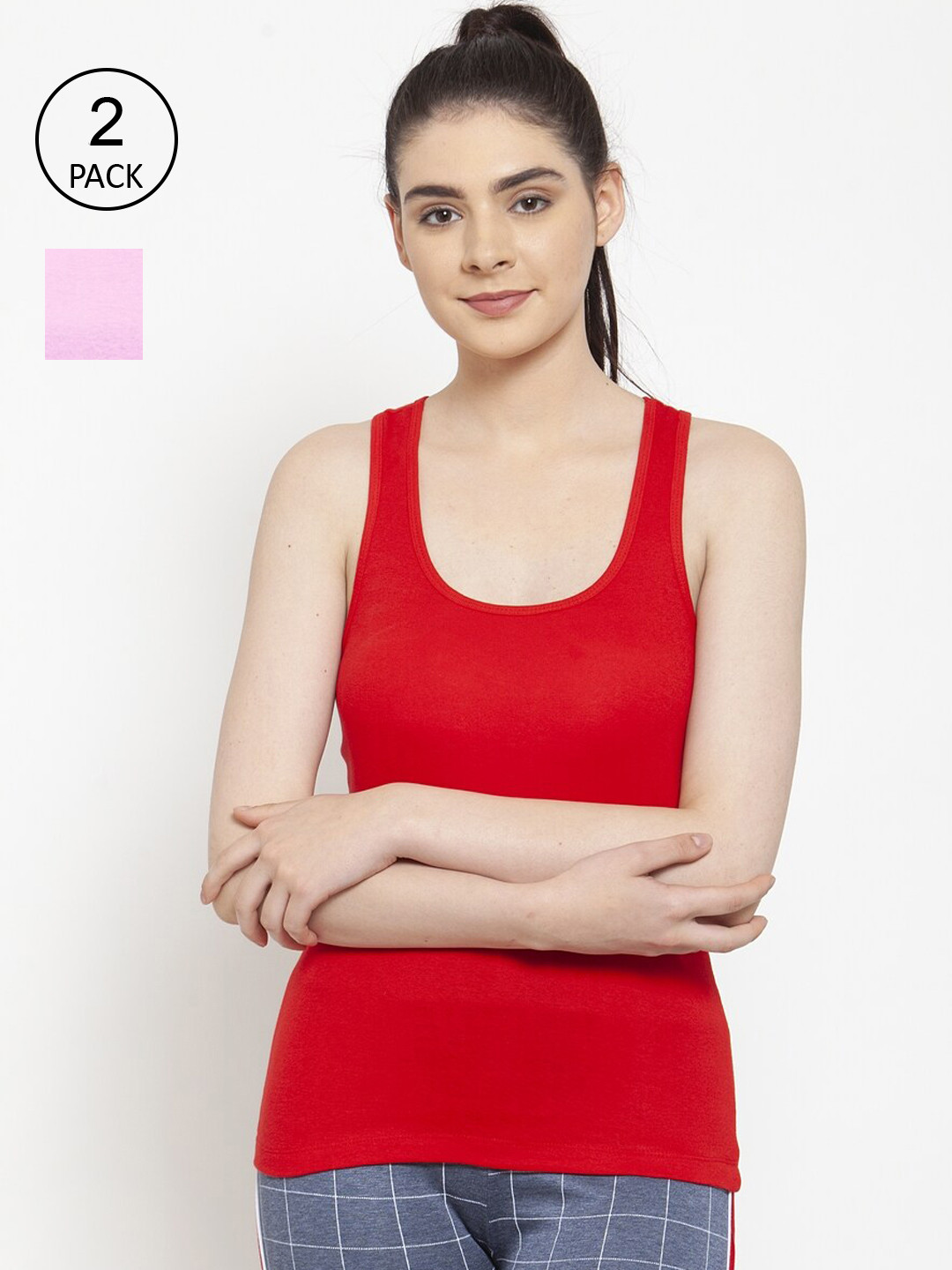 Friskers Women Red & Pink 2 Pure Cotton Tank Tops