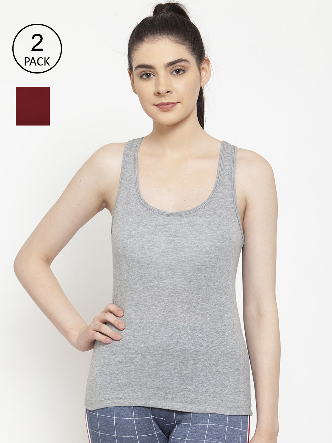 Friskers Women Pack Of 2 Grey & Maroon Solid Premium Cotton Tank Tops