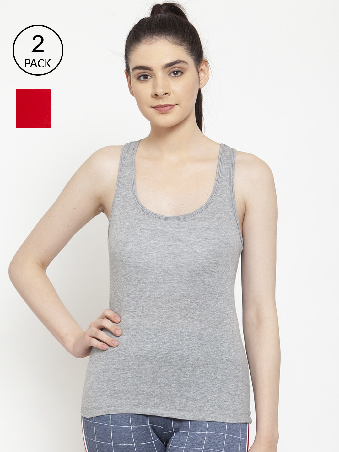 Friskers Women Pack of 2 Red & Grey Solid Cotton Rib Tank Top