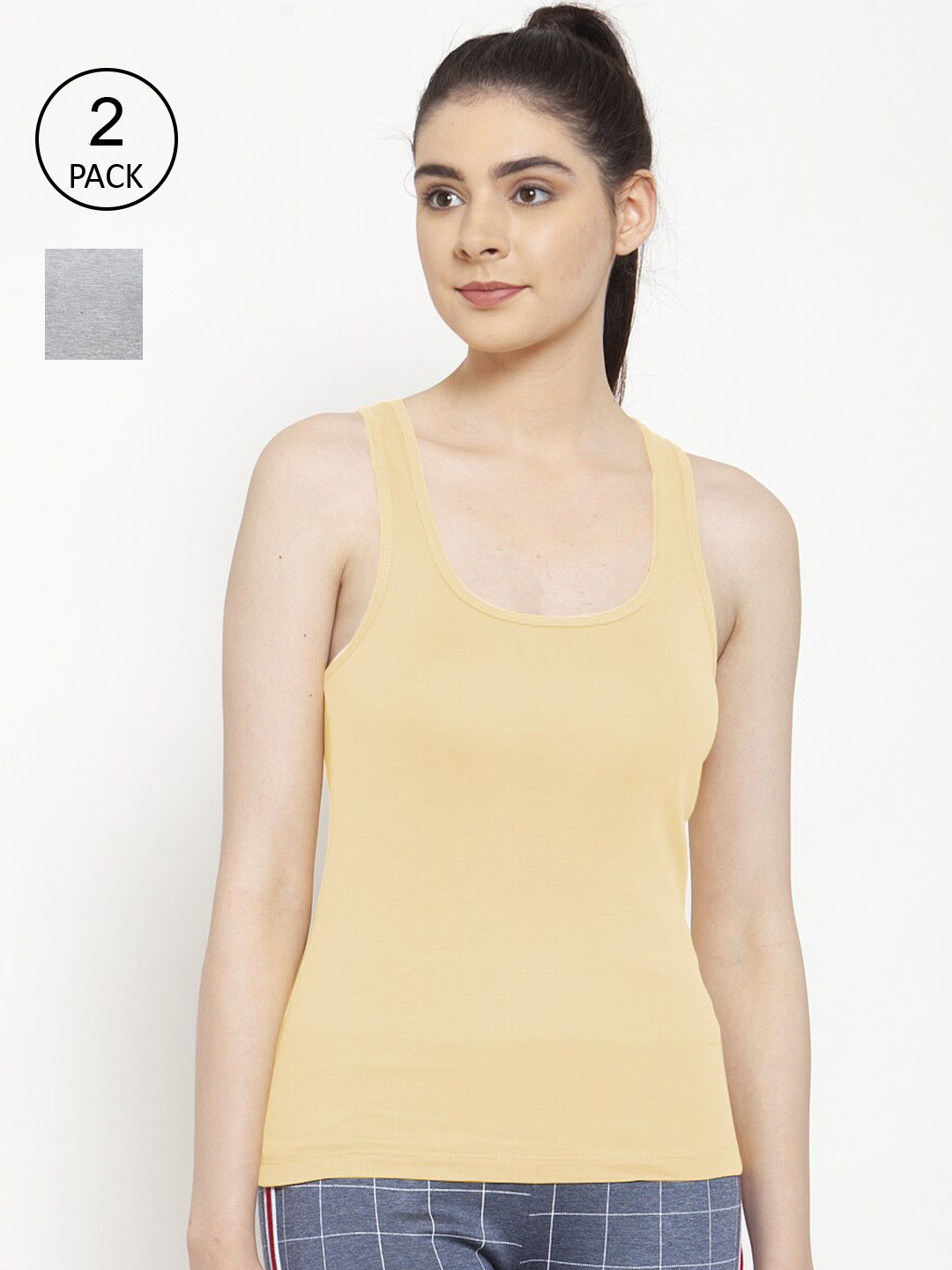 Friskers Women Pack of 2 Grey & Beige Cotton Ribbed Tank Top
