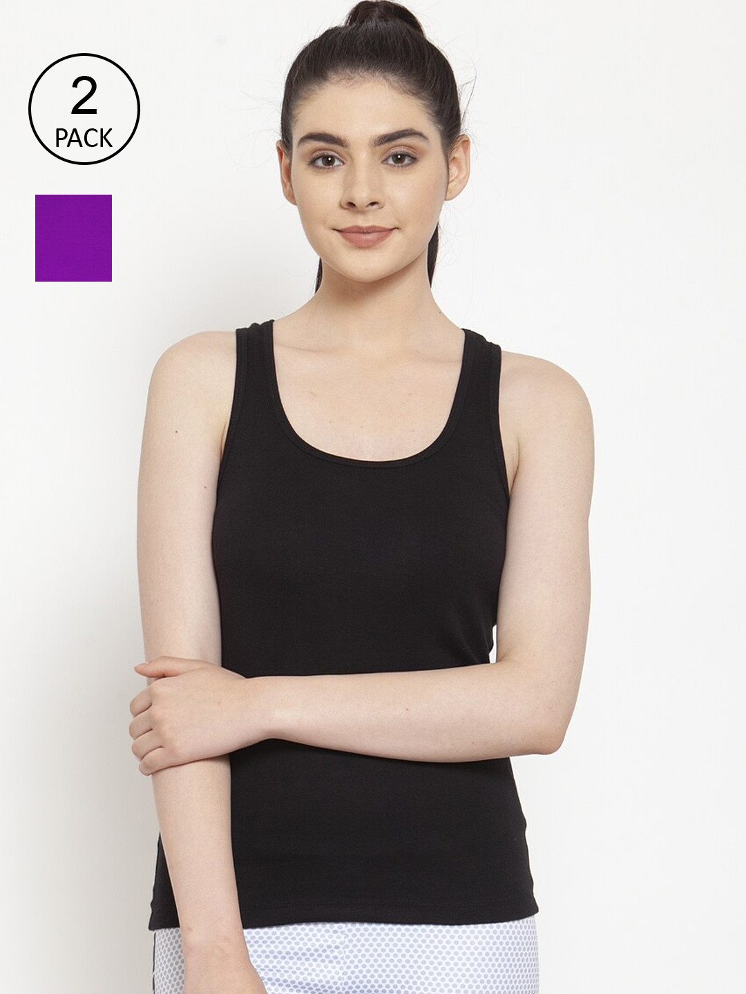 Friskers Women Pack Of 2 Black & Purple Solid Premium Cotton Tank Tops