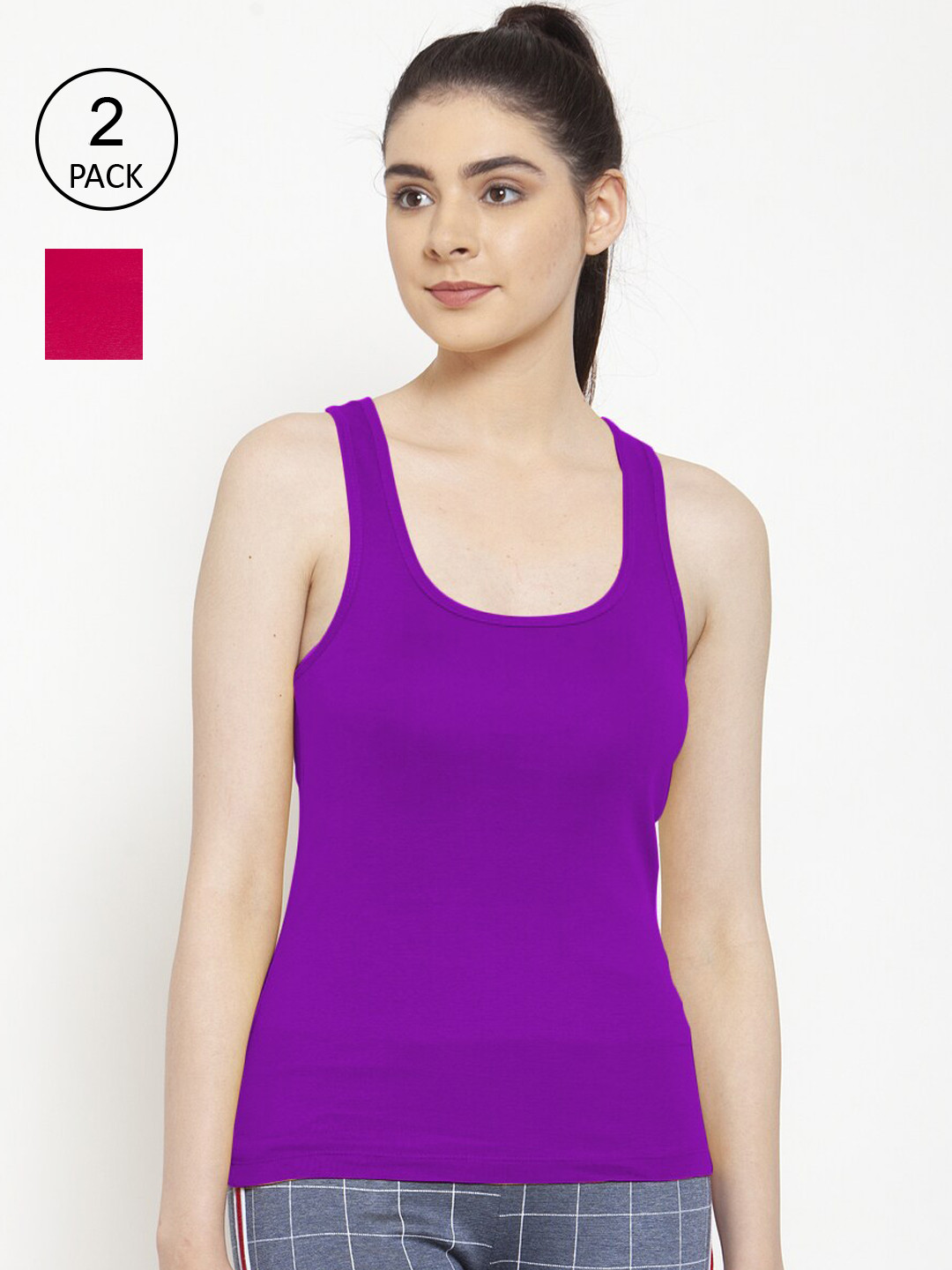 Friskers Women Pack Of 2 Pink & Purple Solid Premium Cotton Tank Tops
