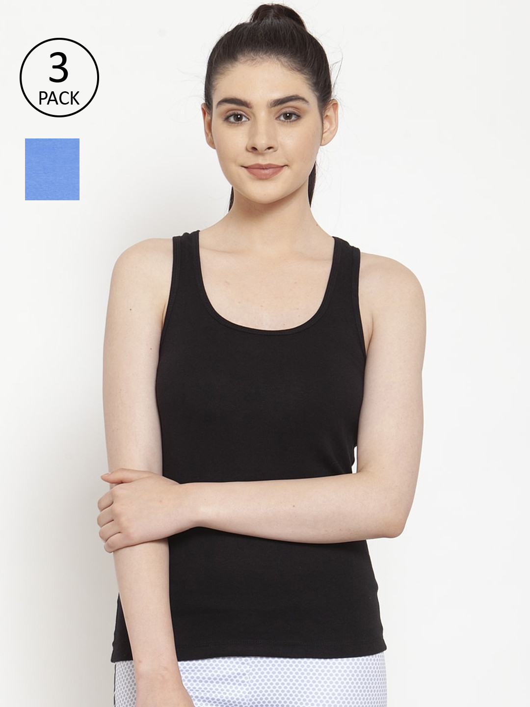 Friskers Women Pack Of 2 Black & Turquoise Blue Solid Premium Cotton Tank Tops