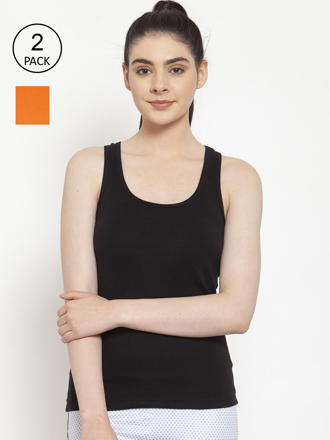 Friskers Women Pack of 2 Orange & Black Solid Cotton Rib Tank Top