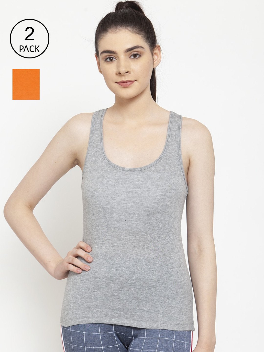Friskers Women Pack of 2 Orange & Grey Cotton Ribbed Tank Top