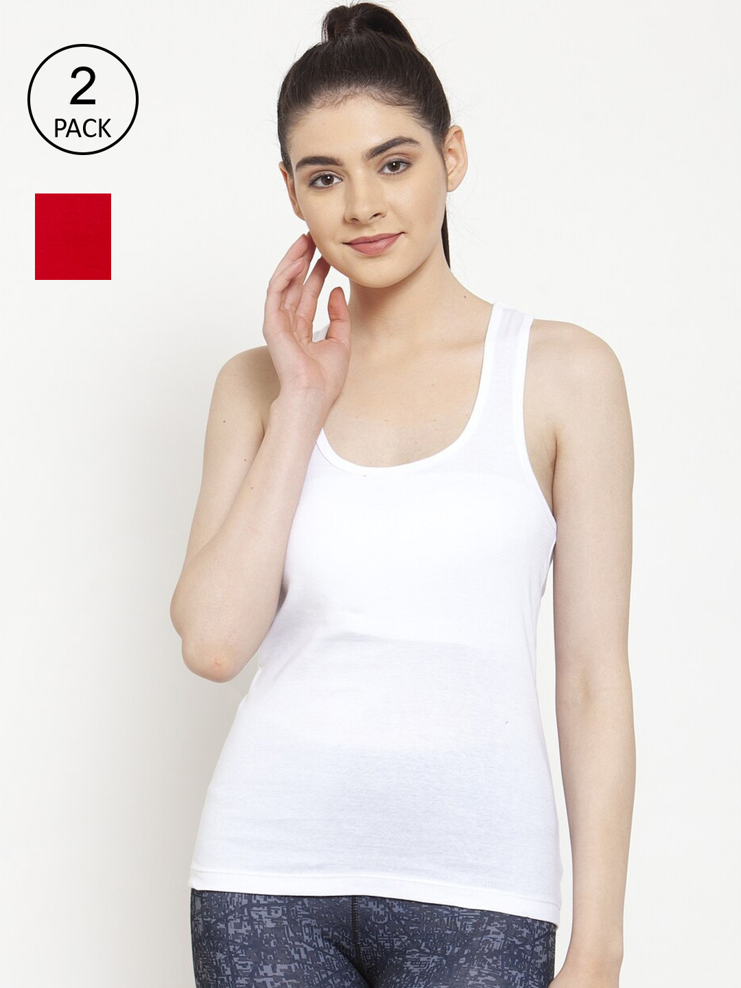Friskers Women Pack of 2 White & Red Striped Cotton Rib Tank Top