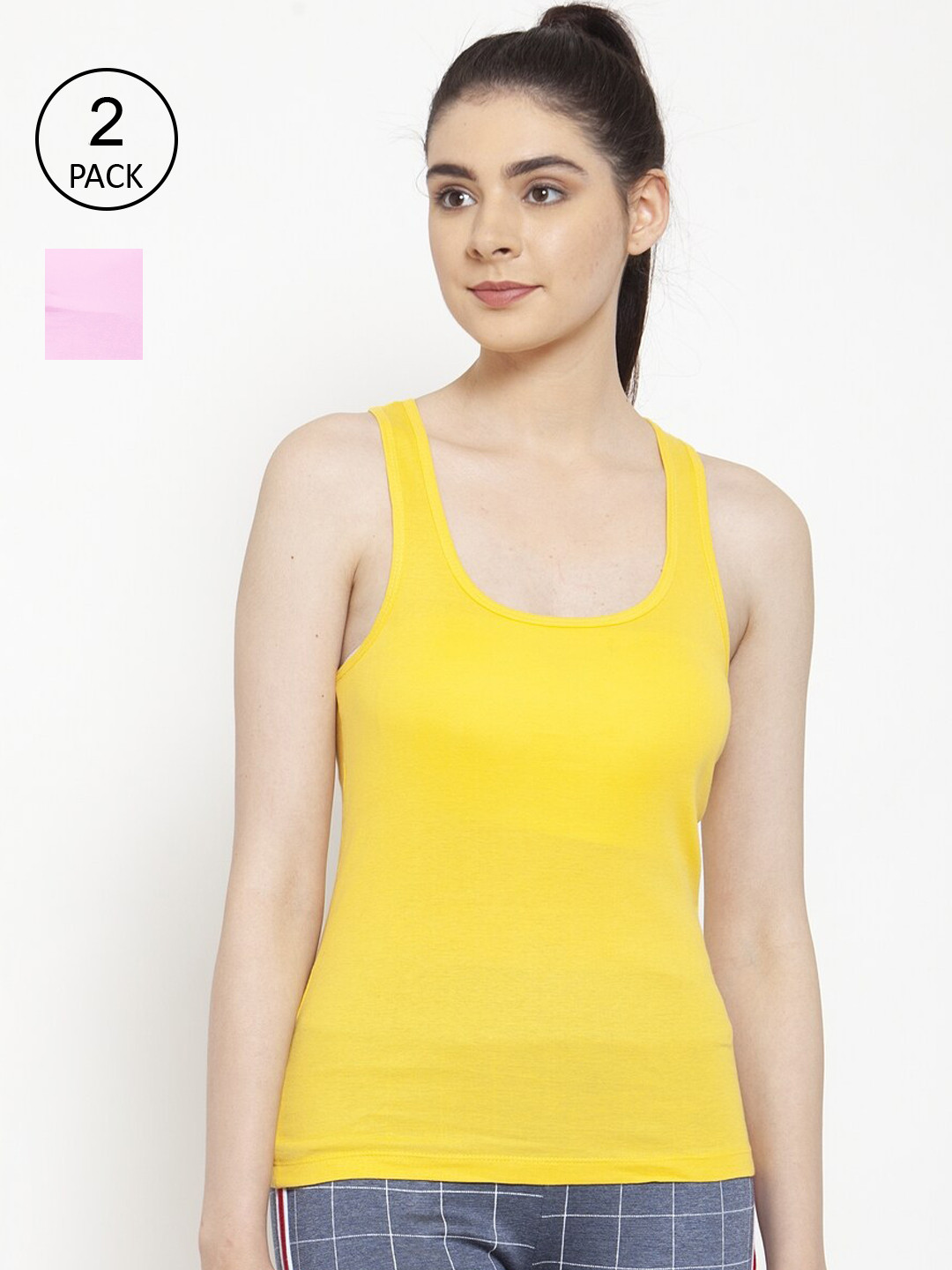 Friskers Women Pack of 2 Yellow & Pink Premium Cotton Rib Tank top