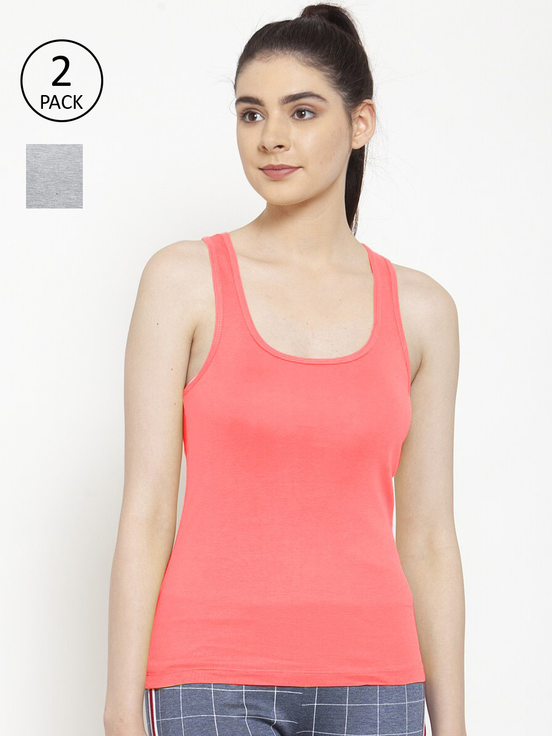 Friskers Women Pack of 2 Orange & Grey Striped Cotton Rib Tank Top
