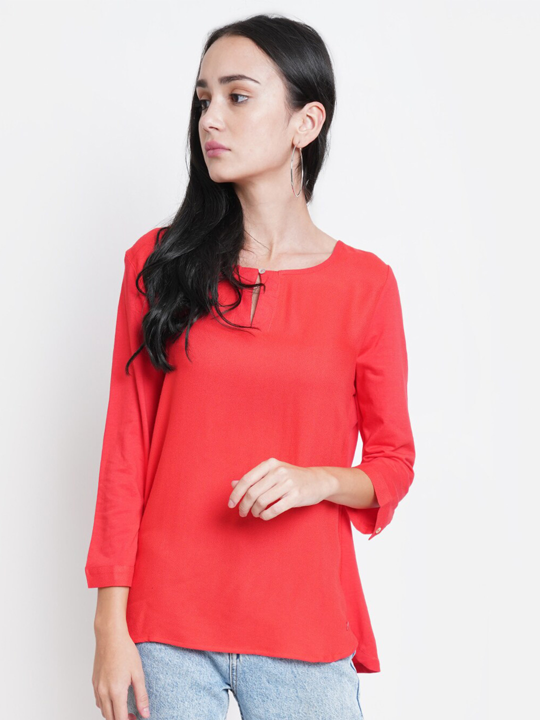 WESTCLO Red Keyhole Neck Regular Top