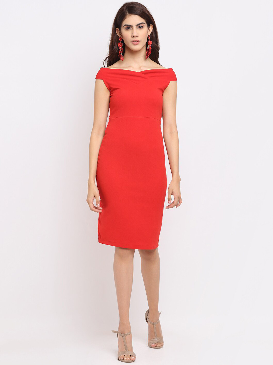 Sugathari Red Off-Shoulder Sheath Dress
