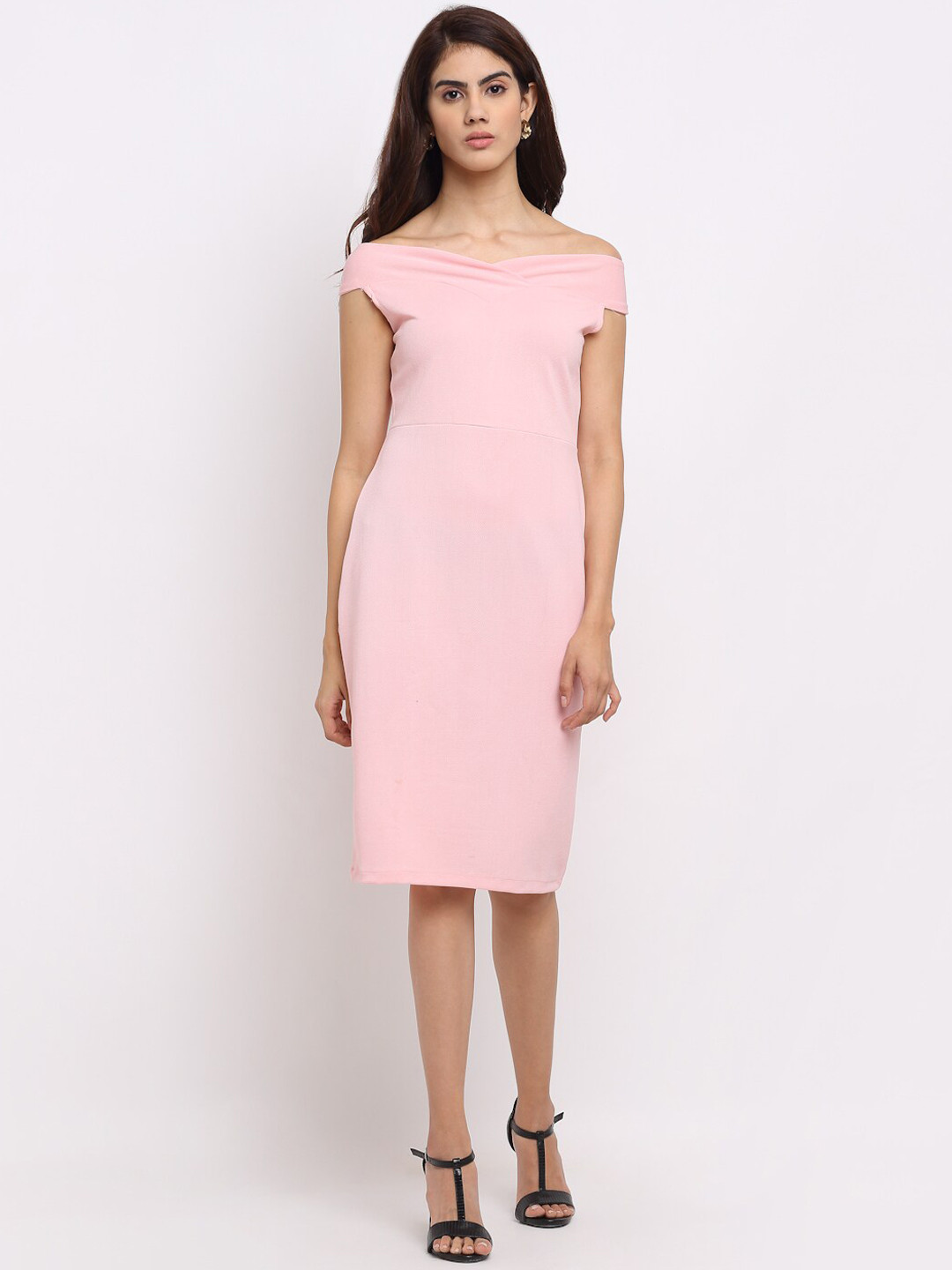 Sugathari Peach-Coloured Off-Shoulder Sheath Dress