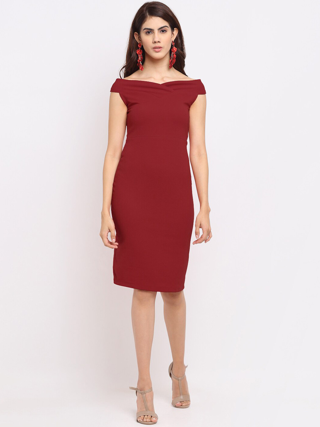 Sugathari Maroon Off-Shoulder Bodycon Dress