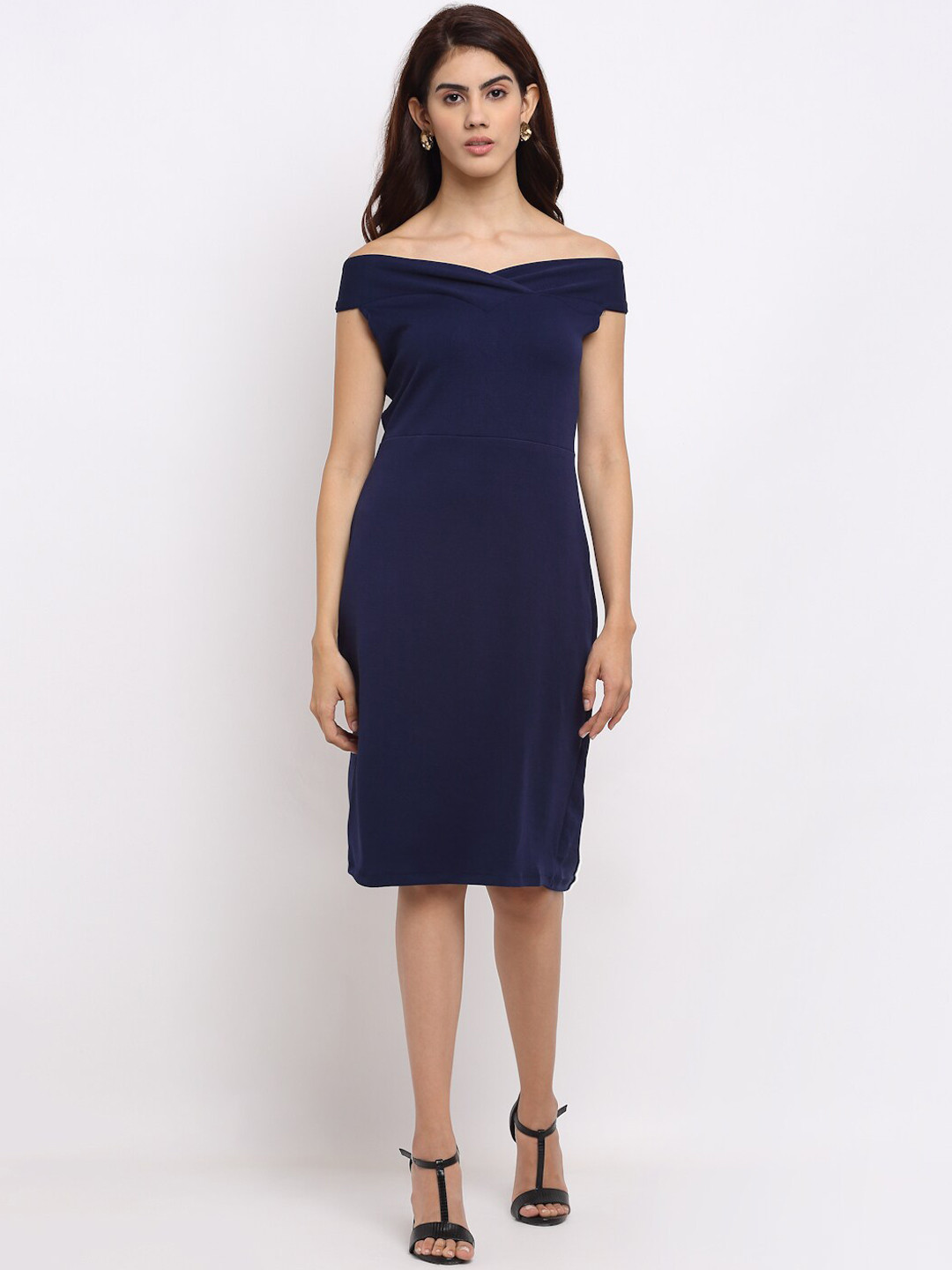 Sugathari Navy Blue Off-Shoulder Bodycon Dress