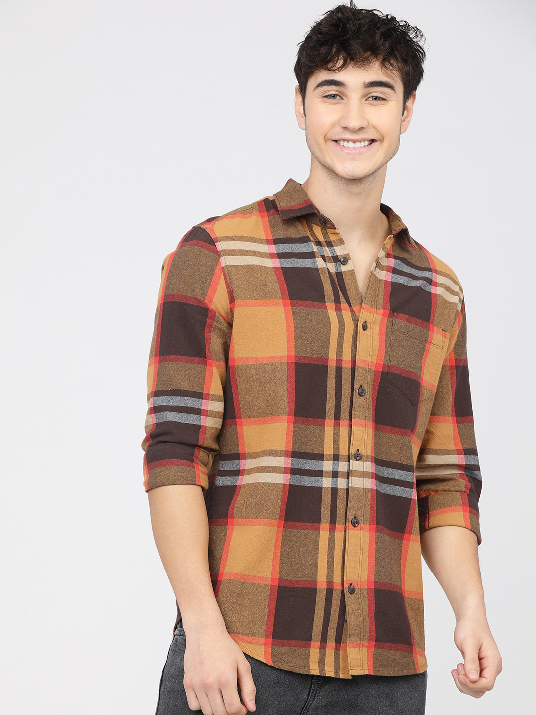HIGHLANDER Men Mustard Yellow & Brown Slim Fit Opaque Checked Cotton Casual Shirt