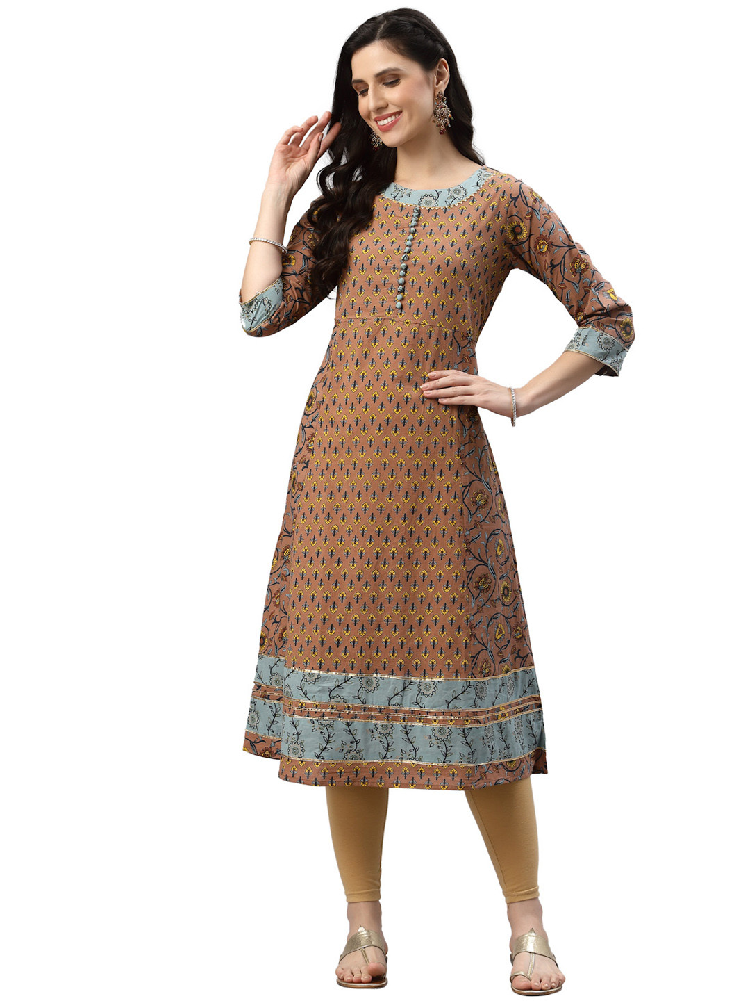 YASH GALLERY Women Brown & Blue Ethnic Motifs Printed Kurta