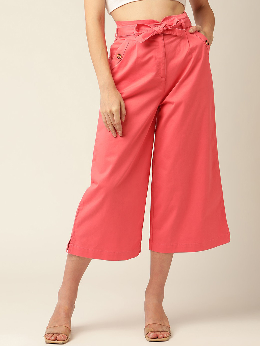 ELLE Women Orange Flared Pleated Cotton Culottes Trousers