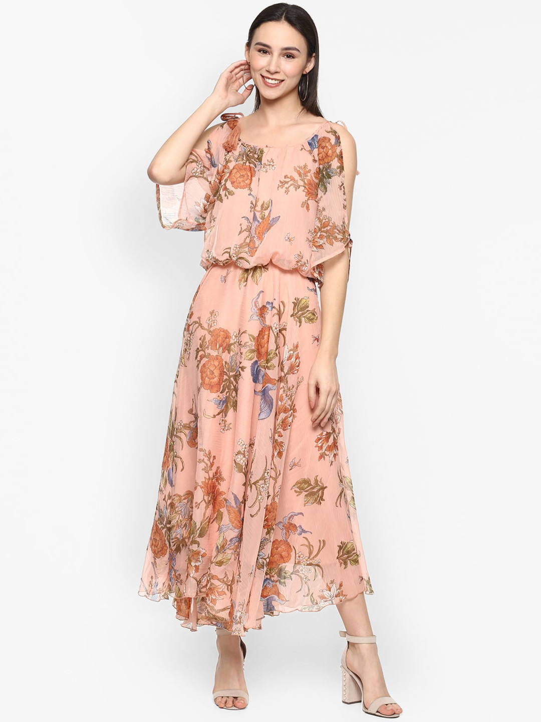 Porsorte Women Peach Floral Chiffon Maxi Dress