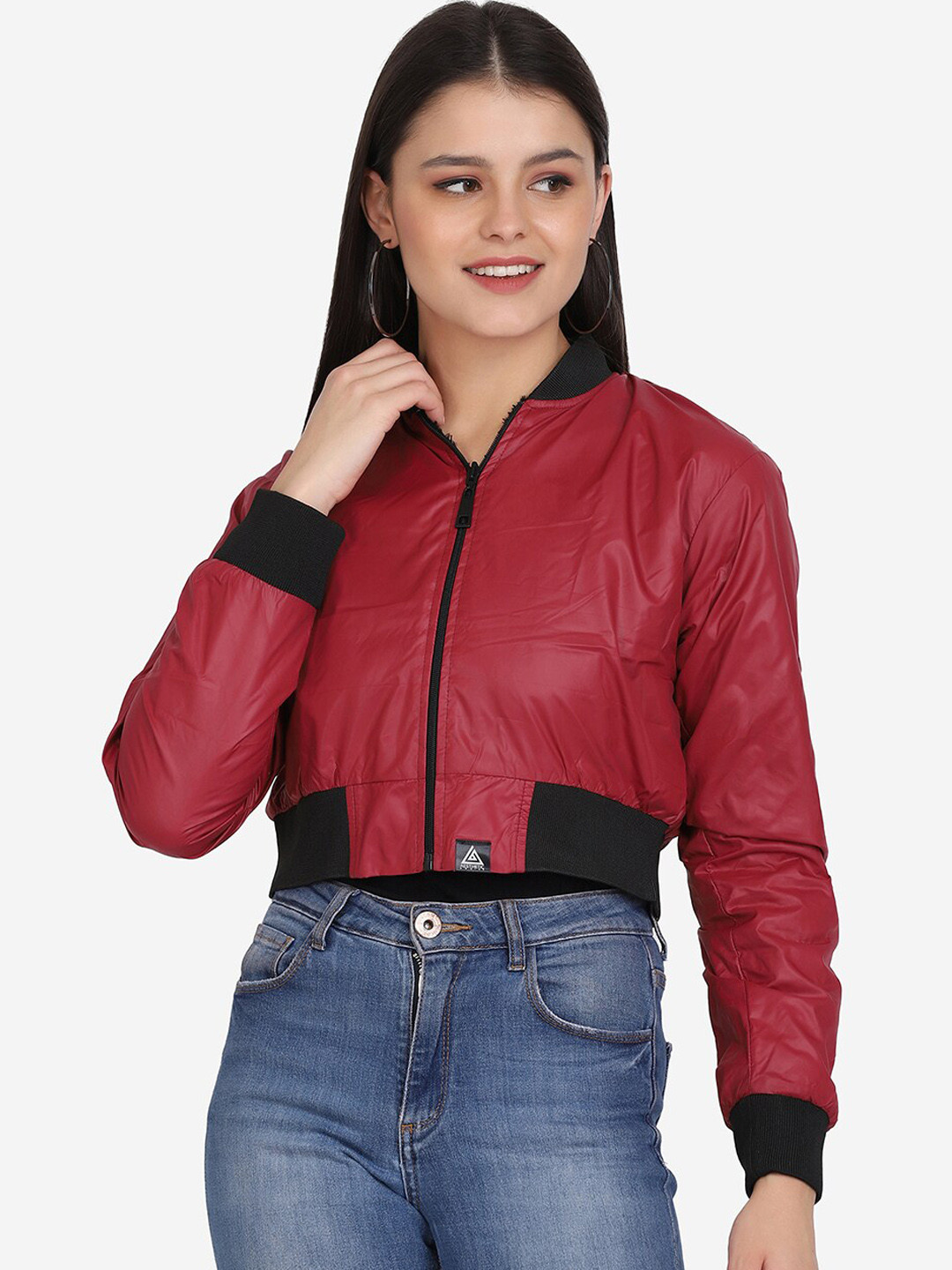 Aesthetic Bodies Women Burgundy Lightweight Crop Bomber Jacket