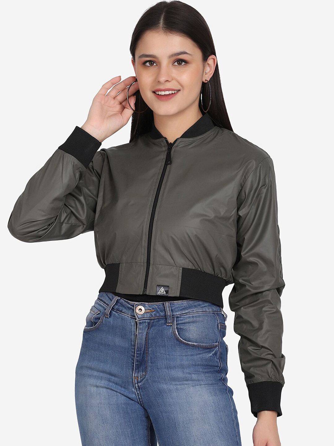 Aesthetic Bodies Women Olive Green Lightweight Crop Bomber Jacket