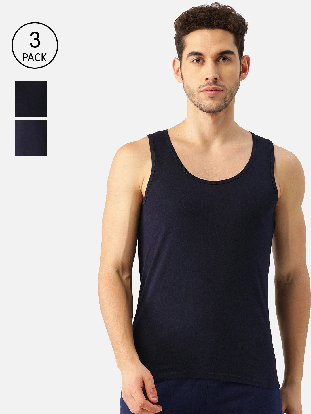 ROMEO ROSSI Pack of 3 Navy Blue Round Neck Innerwear Vests